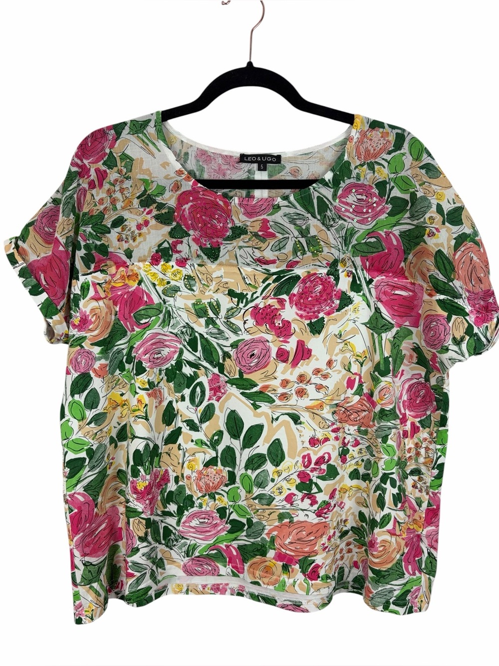 Leo & Ugo Paris Floral Tee Size 5 (XL) Pink Garden Print Stretch Cotton Top